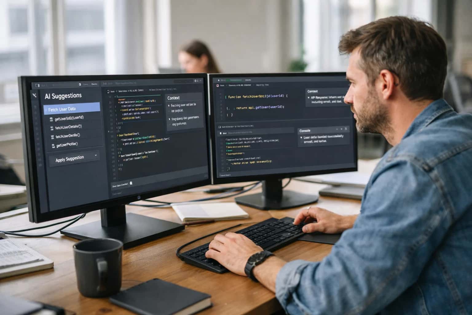 Developer using AI copilot for code completion, IDE visible on laptop screen, casual programming moment at desk.