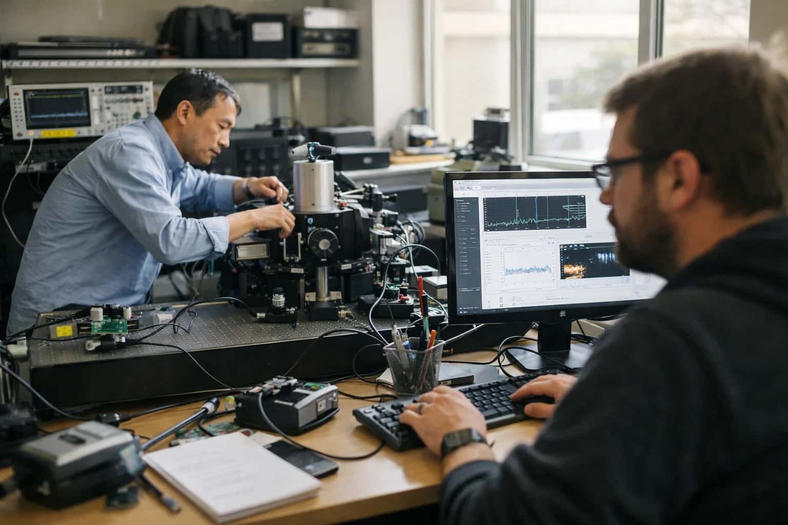 Technical lab environment with sensor equipment and analytical workstations.