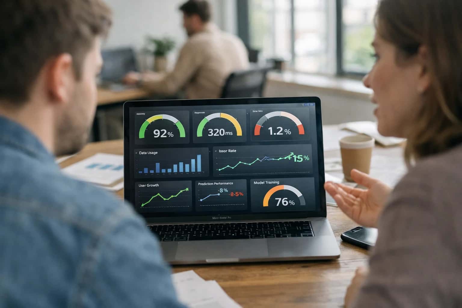 Analytics team reviewing AI metrics dashboard on large monitor, KPIs visible, modern data-driven office setup.