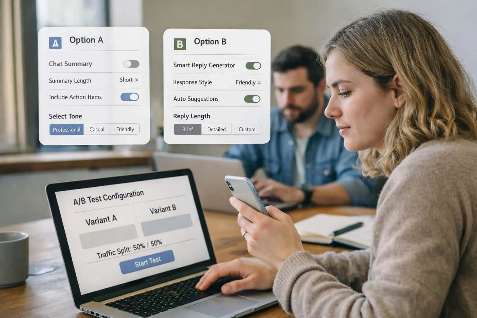 Product team prototyping AI features on laptops, mockups on screens, collaborative ideation session.