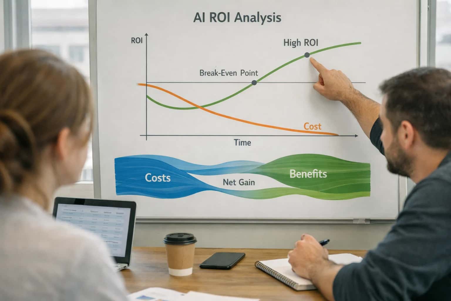 Finance team analyzing AI ROI on laptop, investment return charts visible, business case review session.