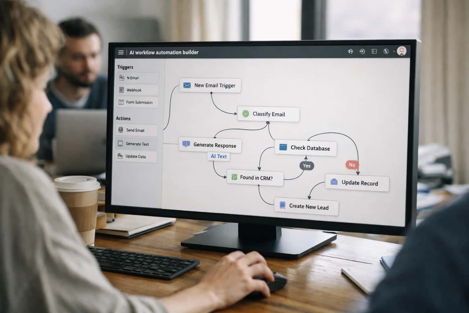 Operations team reviewing AI workflow automation on laptop, workflow builder visible, casual office setup.