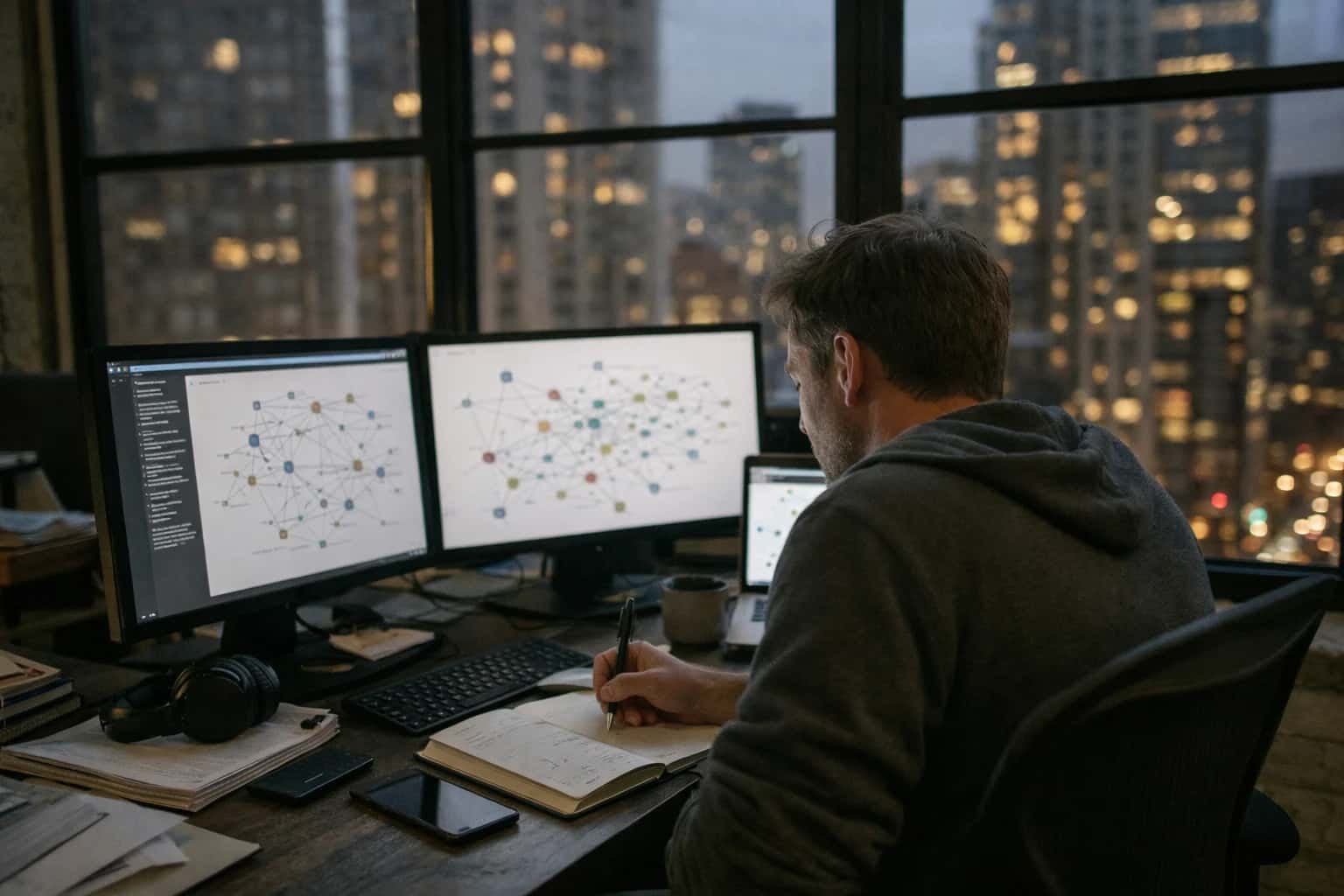 Moody home-office setup in a converted highrise loft, analyst working late with multiple screens showing knowledge graph visualizations, city lights through large windows behind.