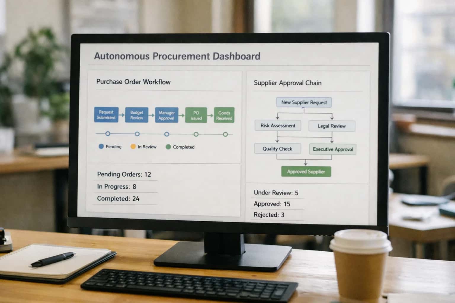 Procurement manager reviewing autonomous AI agent dashboard on laptop, purchase orders visible, office afternoon light.