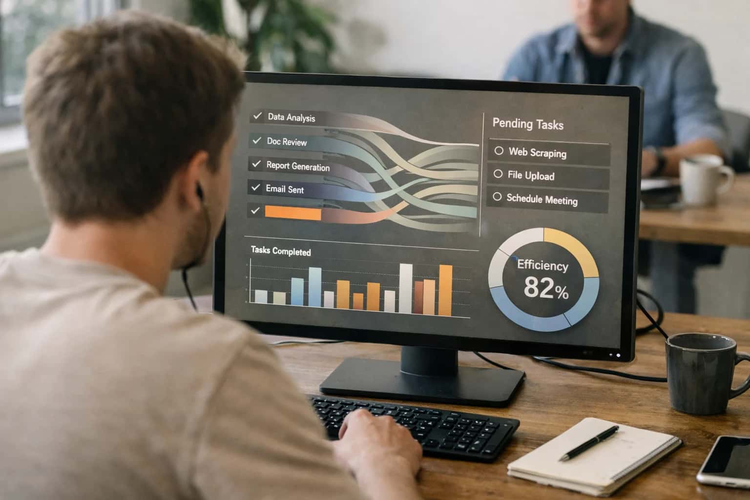 Product manager reviewing autonomous task execution dashboard on laptop, completed tasks visible, casual work session.