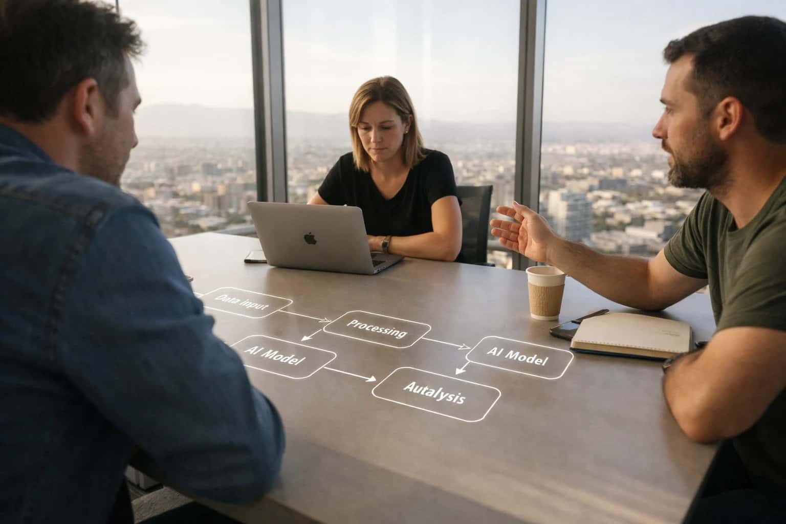 Cinematic shot of a sleek glass-walled boardroom on the 40th floor of a glass highrise, late afternoon light casting long shadows across a minimalist table with holographic AI workflow projections.