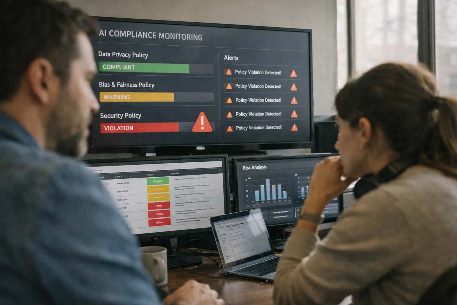 Compliance officer monitoring AI compliance agent on laptop, policy dashboards visible, modern WeWork desk setup.