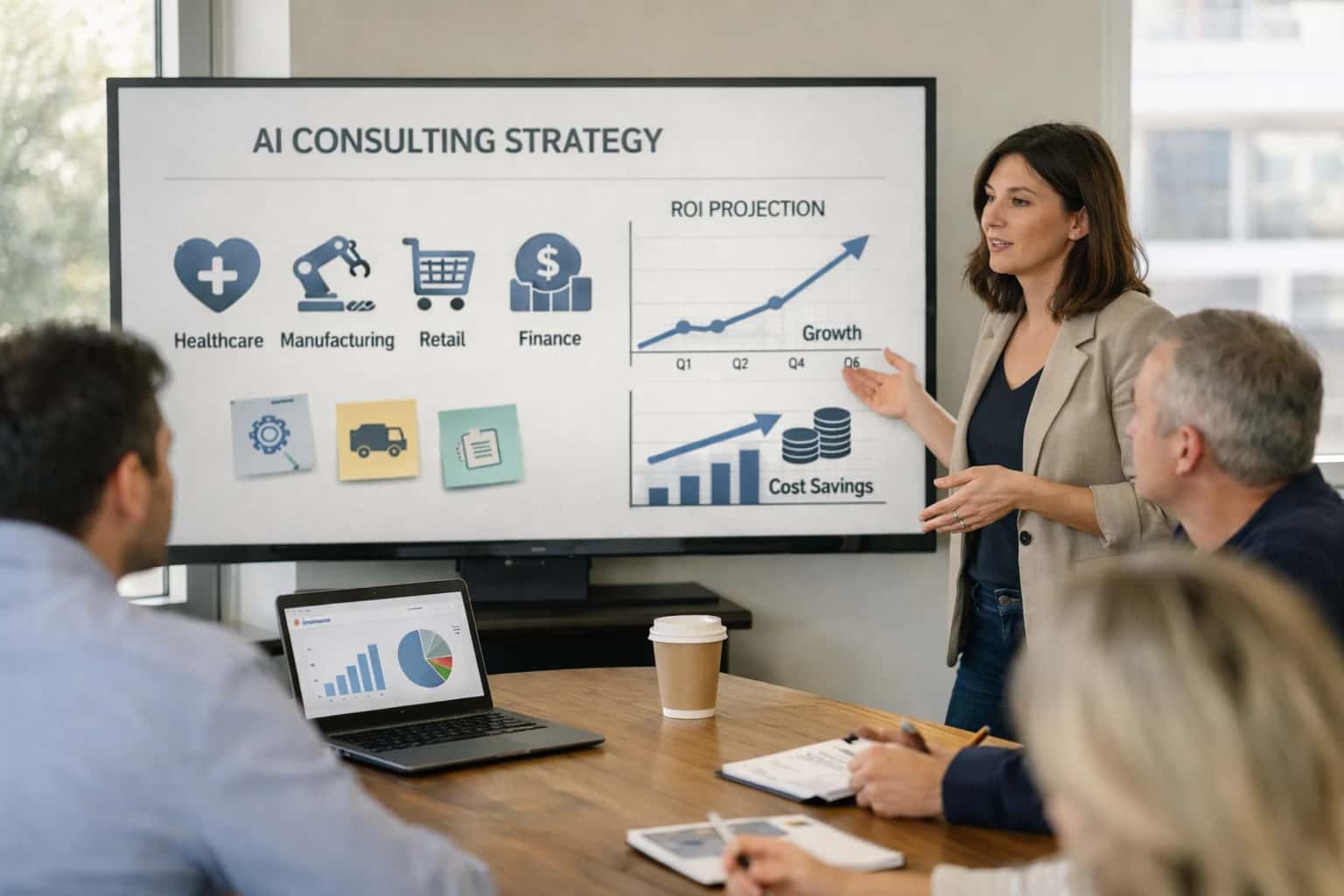 AI consultant advising enterprise client on laptop, presentation slides visible, professional consulting meeting.