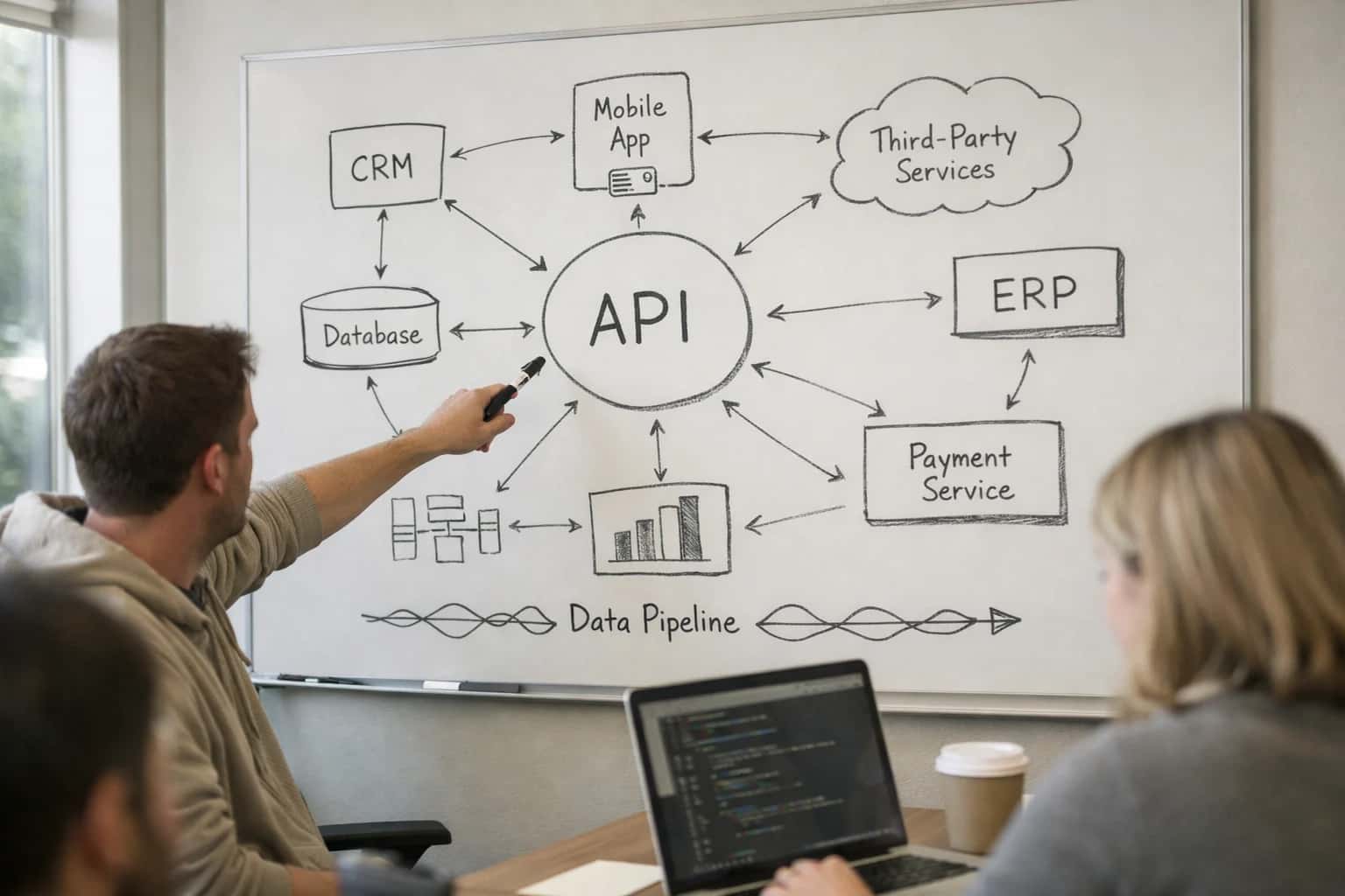 Enterprise integration architect reviewing API connections on laptop, diagram showing systems connecting, modern office setup.