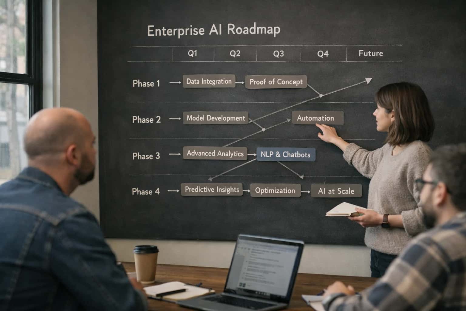 CTO reviewing enterprise AI roadmap on laptop, strategy diagrams visible, executive office afternoon light.