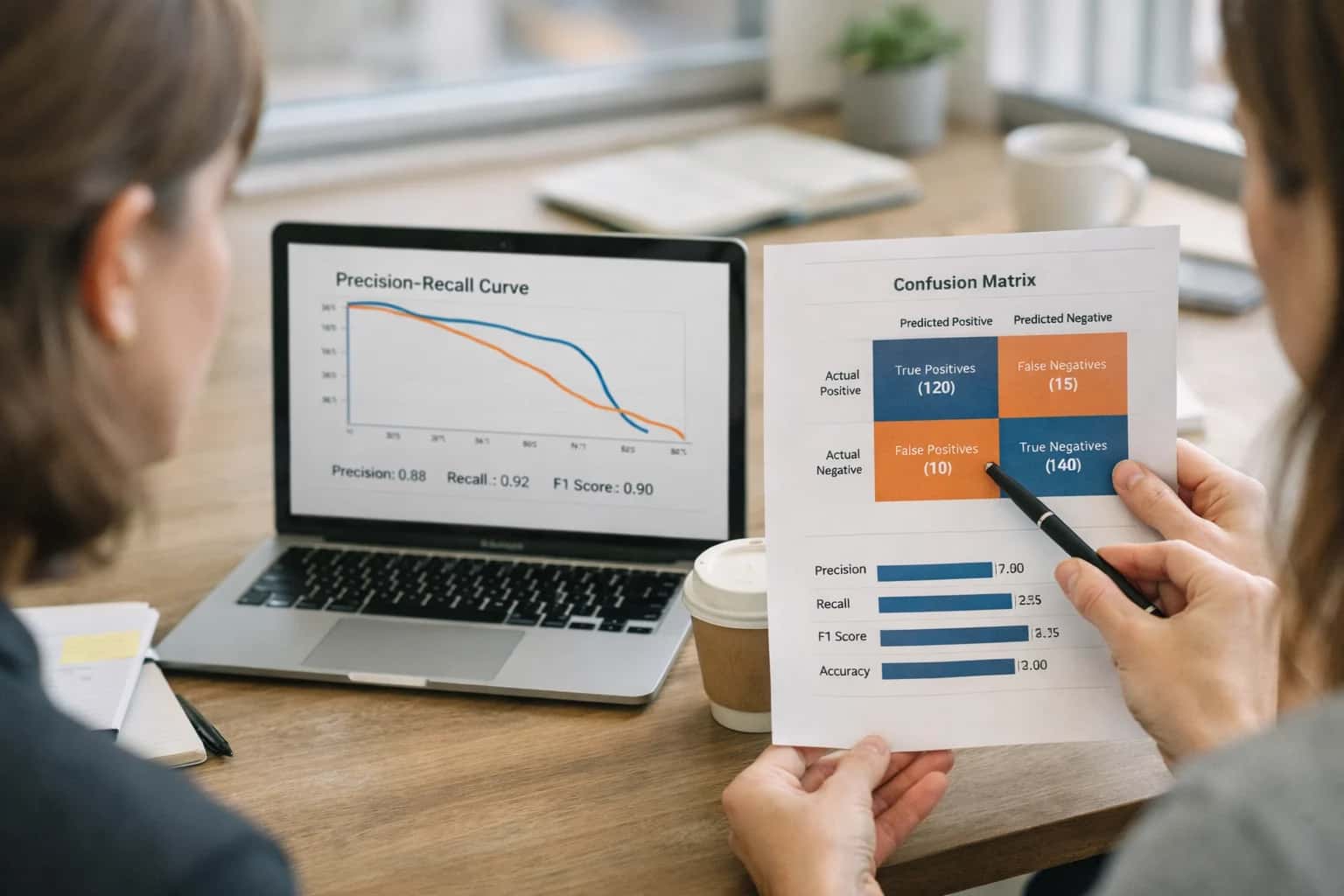 Data scientist reviewing AI evaluation metrics on dashboard, comparison charts visible, casual WeWork analytics setup.