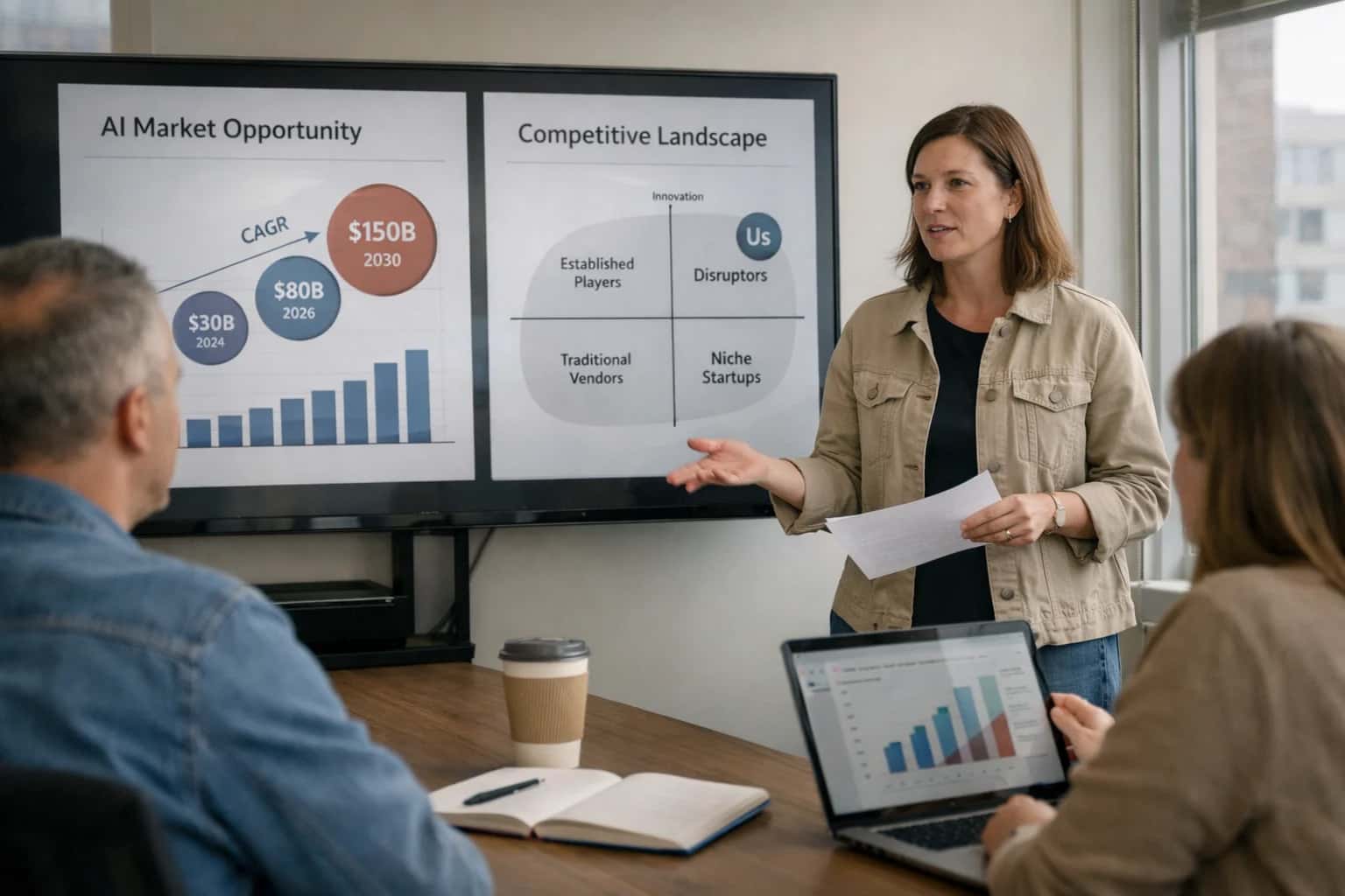 Executive discussing AI vision with advisor, charts and projections visible, corner office afternoon meeting.