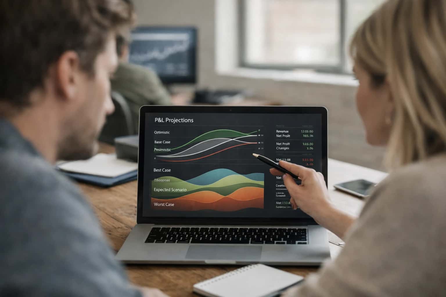 FP&A analyst using AI forecasting agent on laptop, P&L projections on screen, casual office analytics setup.