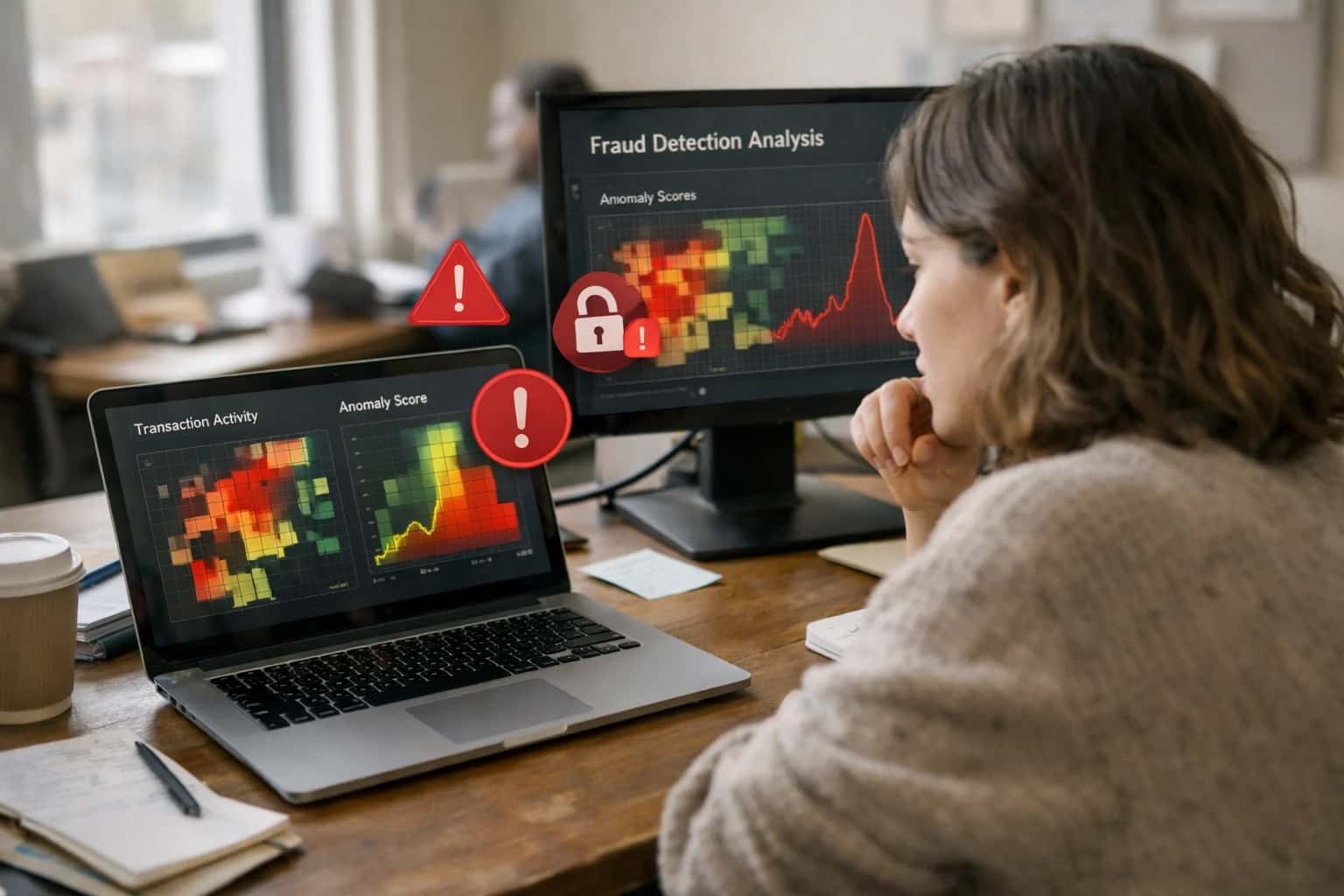 Security analyst reviewing fraud detection AI on multiple screens, alert dashboards visible, dark mode monitoring setup.