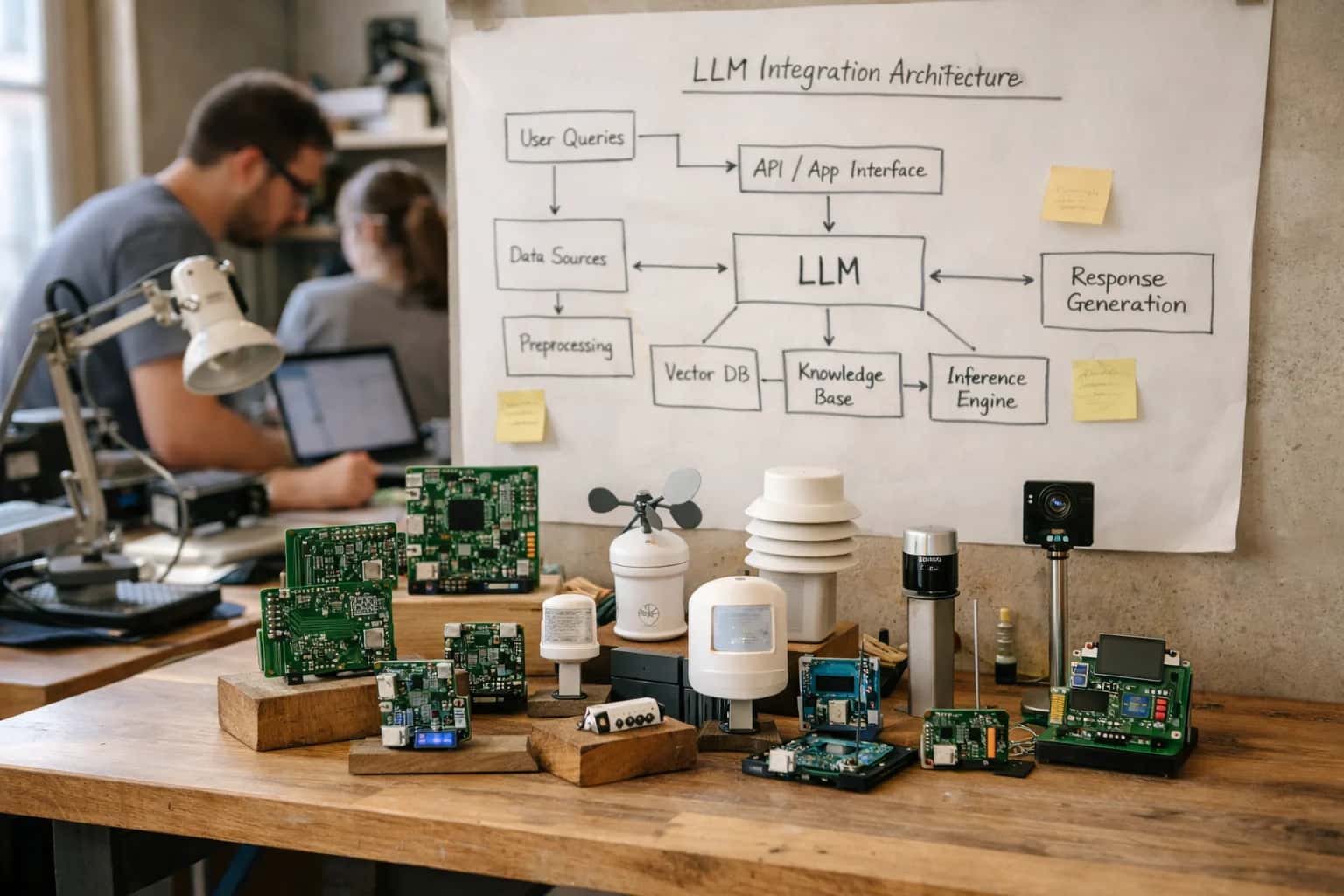 Hardware engineer integrating LLM with IoT sensors, circuit boards on desk, soldering iron nearby, maker lab aesthetic.