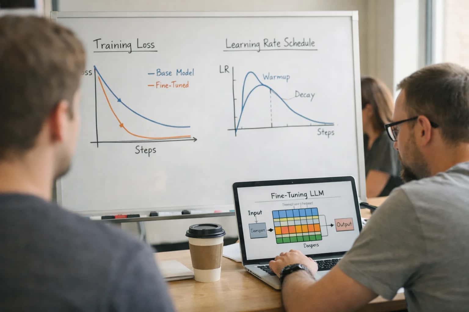 ML engineer fine-tuning language model on laptop, training curves visible on screen, technical deep work session.