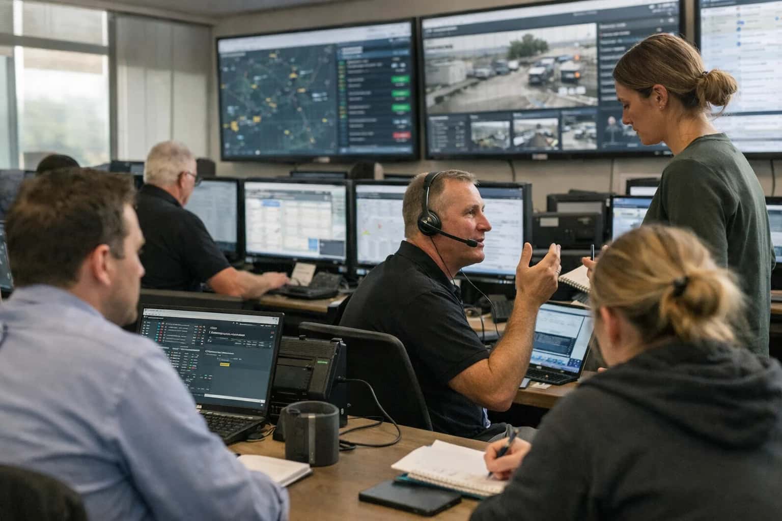 Command center environment coordinating high-volume workflows across multiple systems.