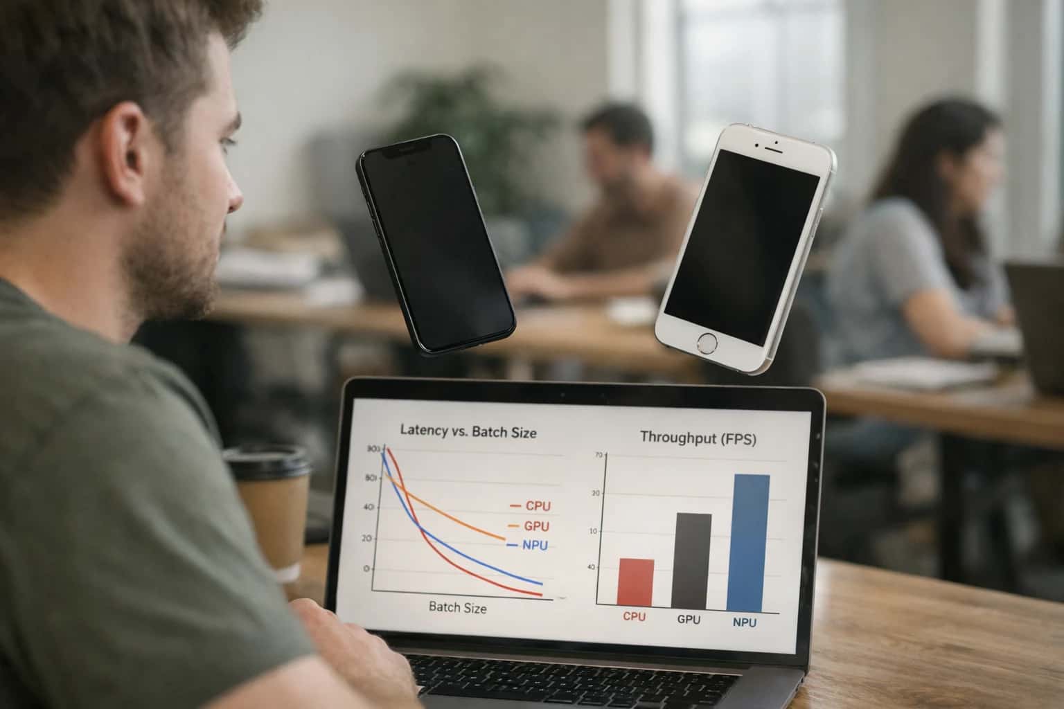 Developer testing AI inference on mobile phone in hand, laptop with optimization code visible, casual tech review moment.