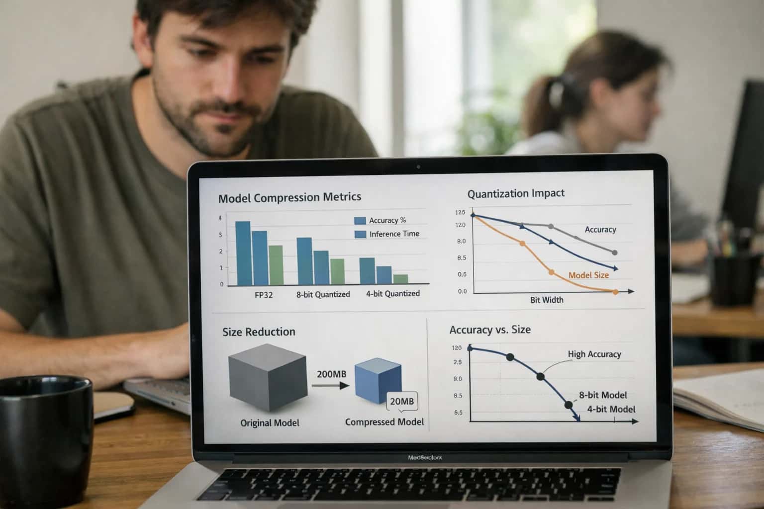 ML engineer working on model compression and quantization, laptop showing performance benchmarks, technical workspace.