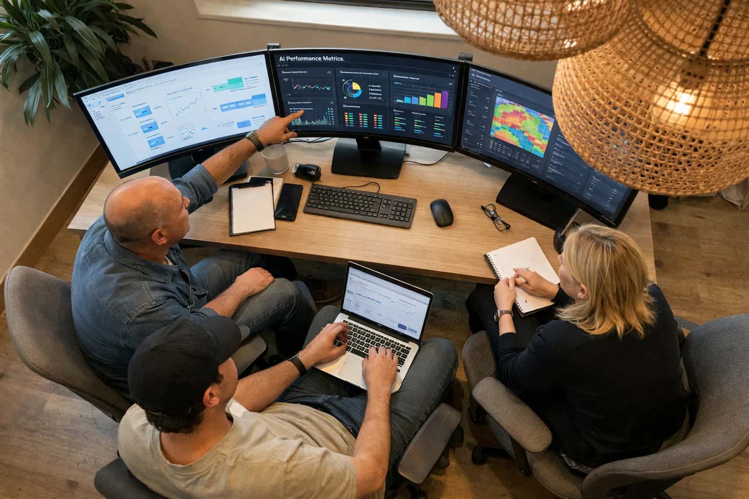 Cinematic overhead of a WeWork creative suite room with multiple curved monitors showing AI decision dashboards, executives in casual attire reviewing data, dramatic pendant lighting.