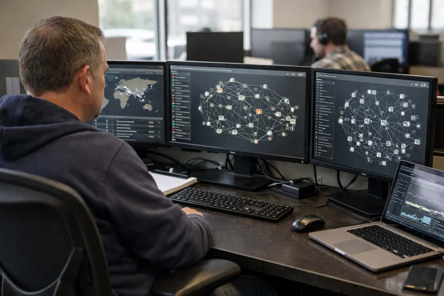 Enterprise console with connected nodes and monitoring panels for orchestrated systems.