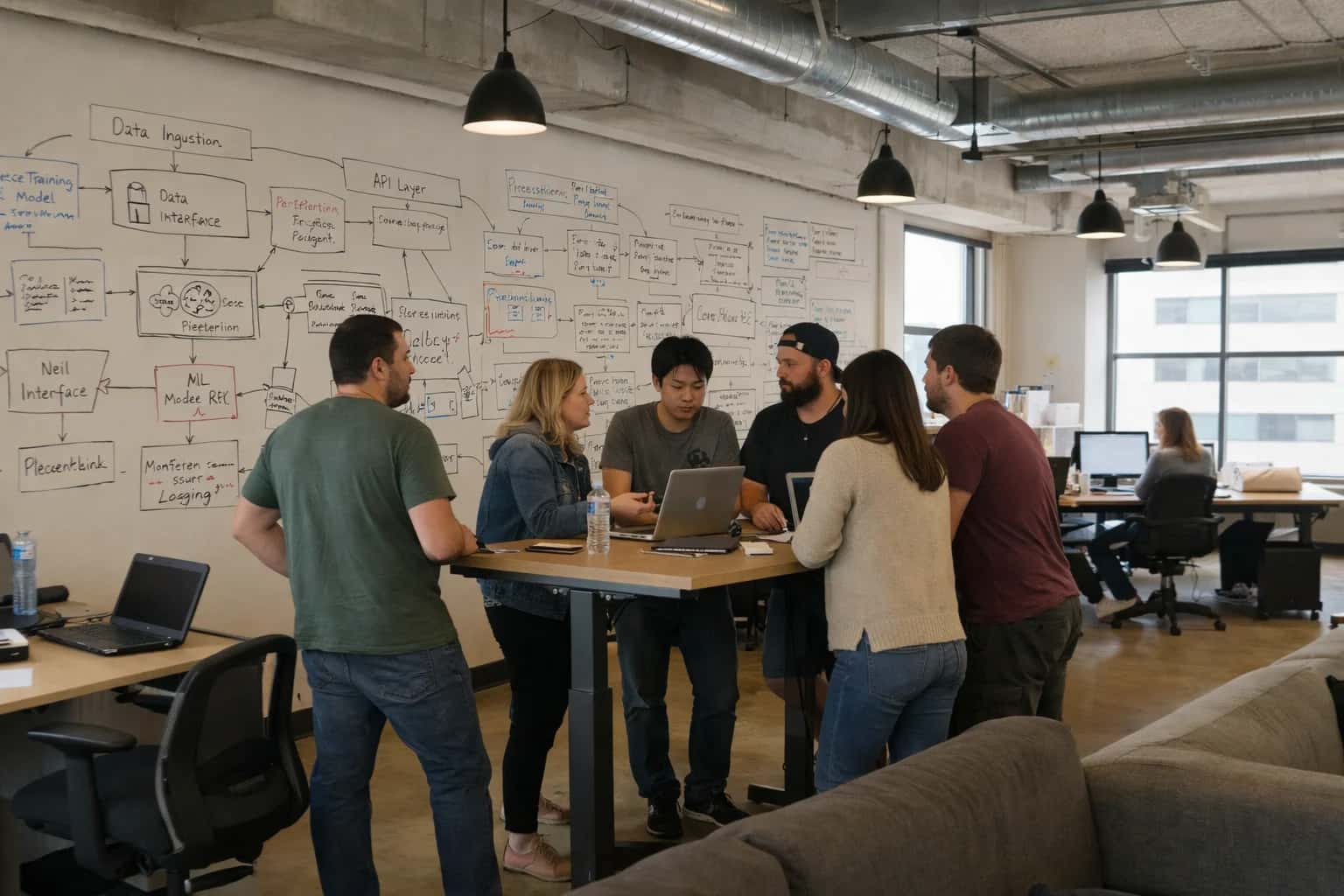Wide-angle shot of a modern WeWork open floor plan with creative walls covered in AI system architecture diagrams, product team collaborating in standing desk area with industrial lighting.