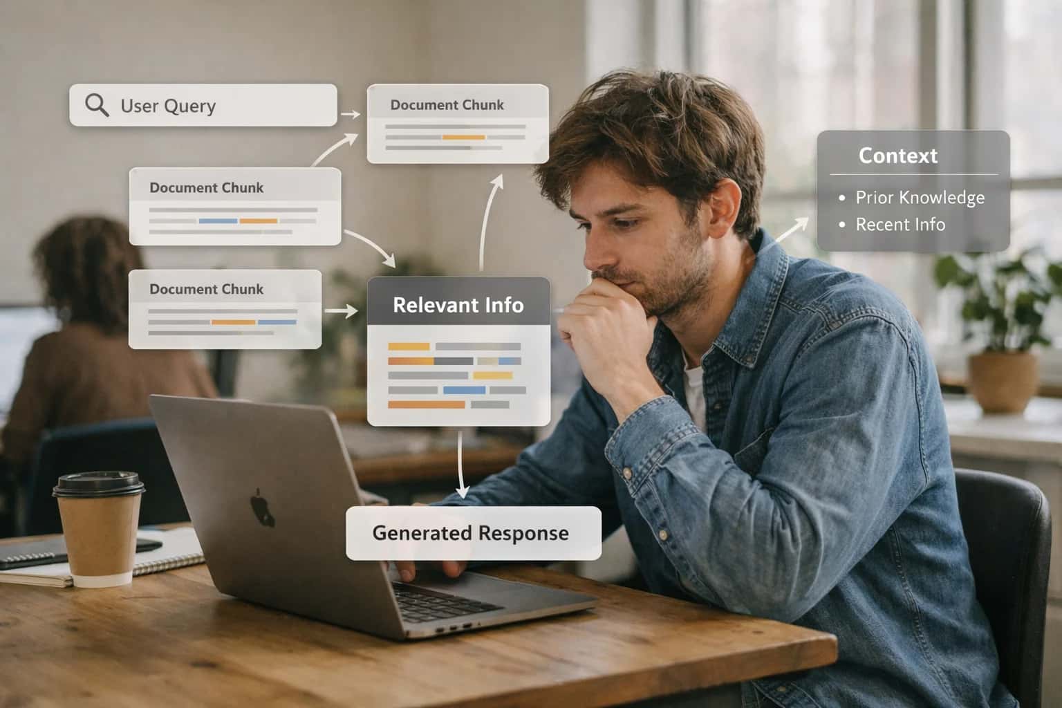 Developer building retrieval augmentation on laptop, document chunks and embeddings visualized, technical workspace.