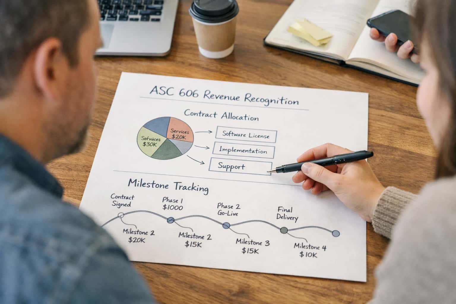 Accountant reviewing ASC 606 revenue recognition automation on laptop, financial data visible, casual office setup.