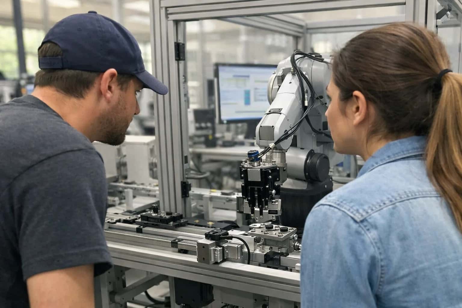 Engineers overseeing intelligent automation equipment in a clean production environment.