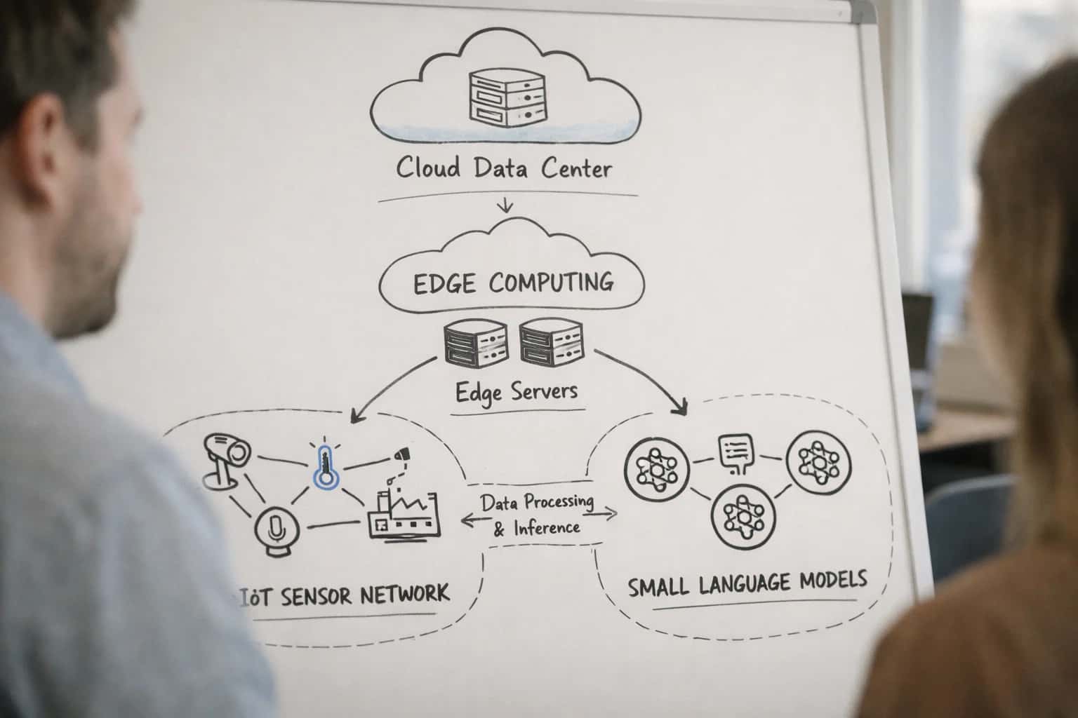 Engineer deploying small language model to edge device, IoT sensor visible on desk, technical hardware setup in bright workspace.