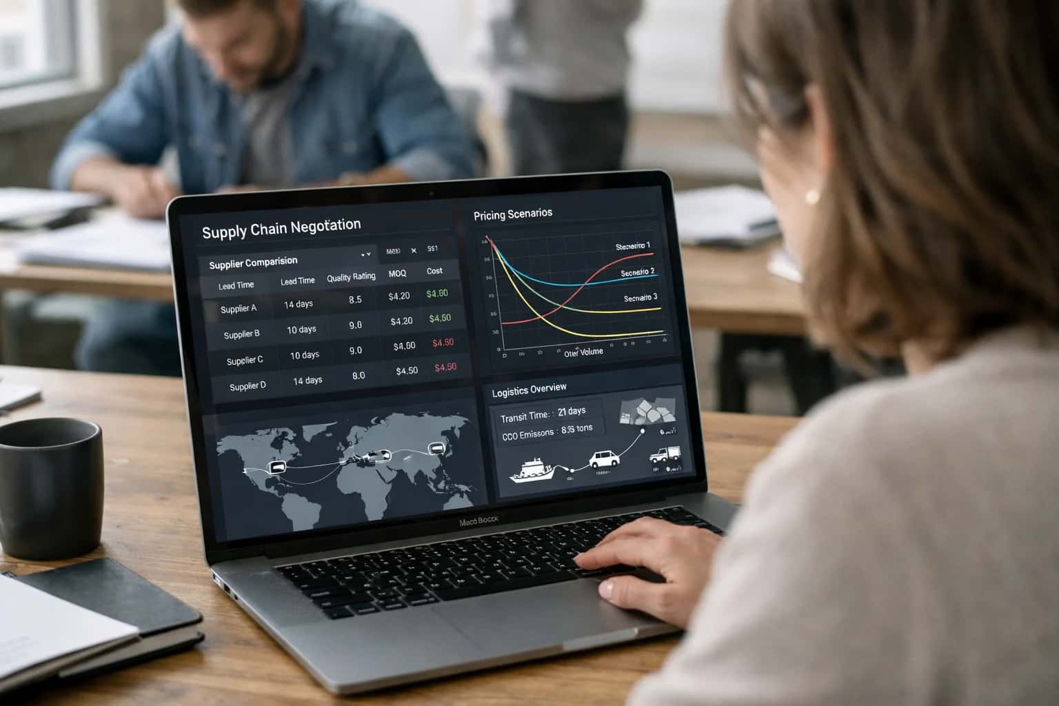 Supply chain manager using AI negotiator on laptop, supplier data visible, casual office afternoon setup.