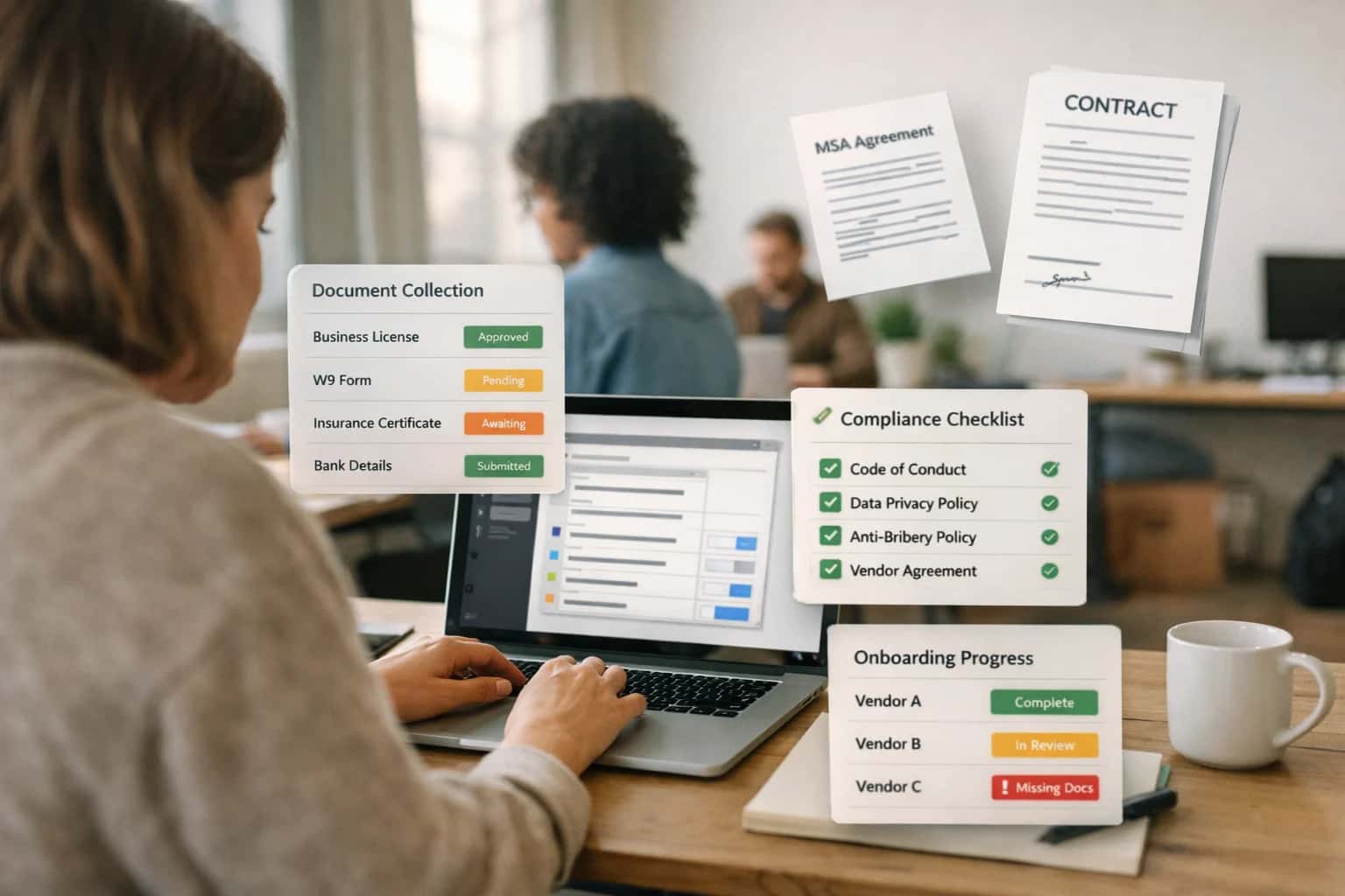 Operations team reviewing AI vendor onboarding platform on laptop, forms and contracts visible, casual office workspace.