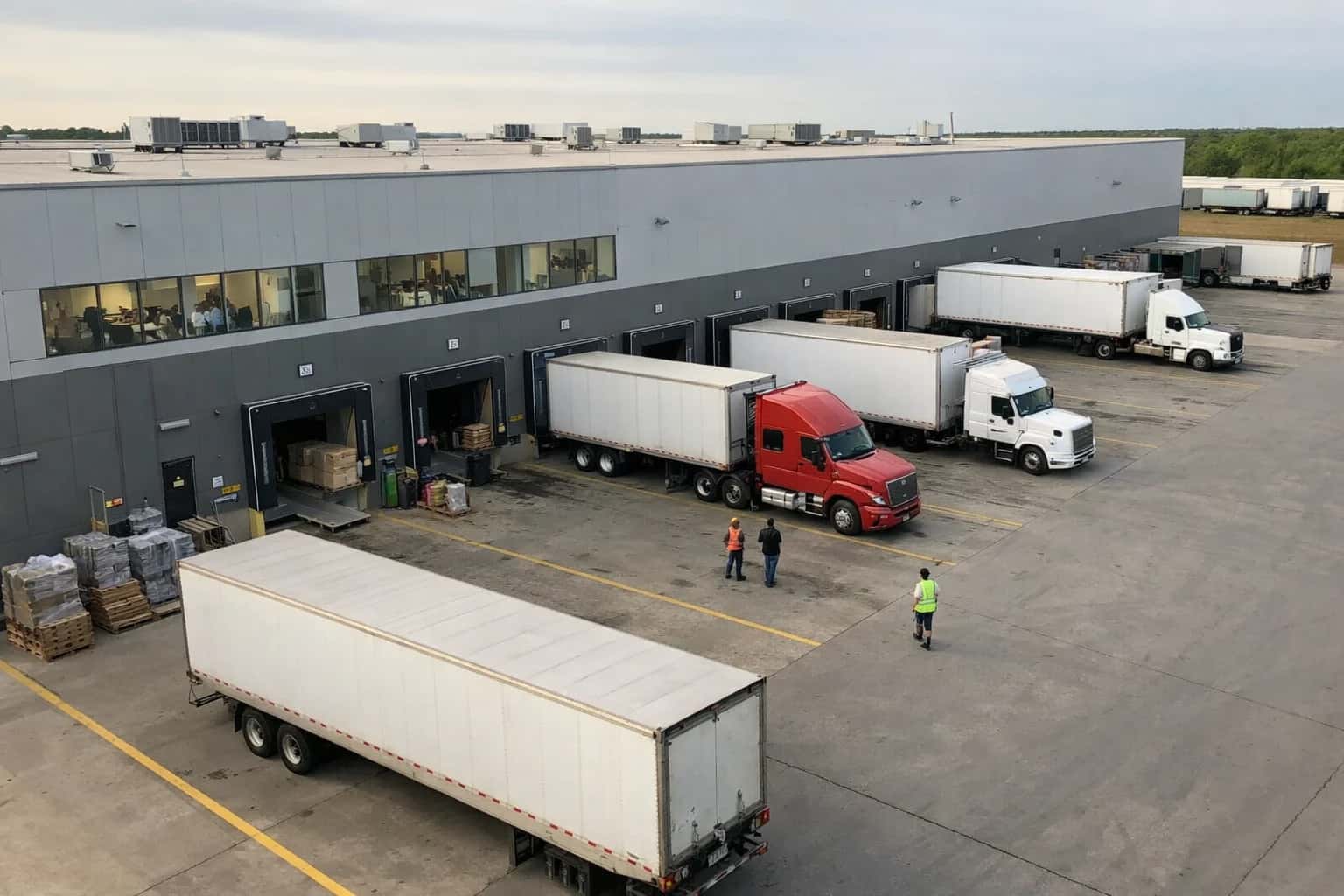 Logistics warehouse with trucks at loading bays representing operational AI systems.