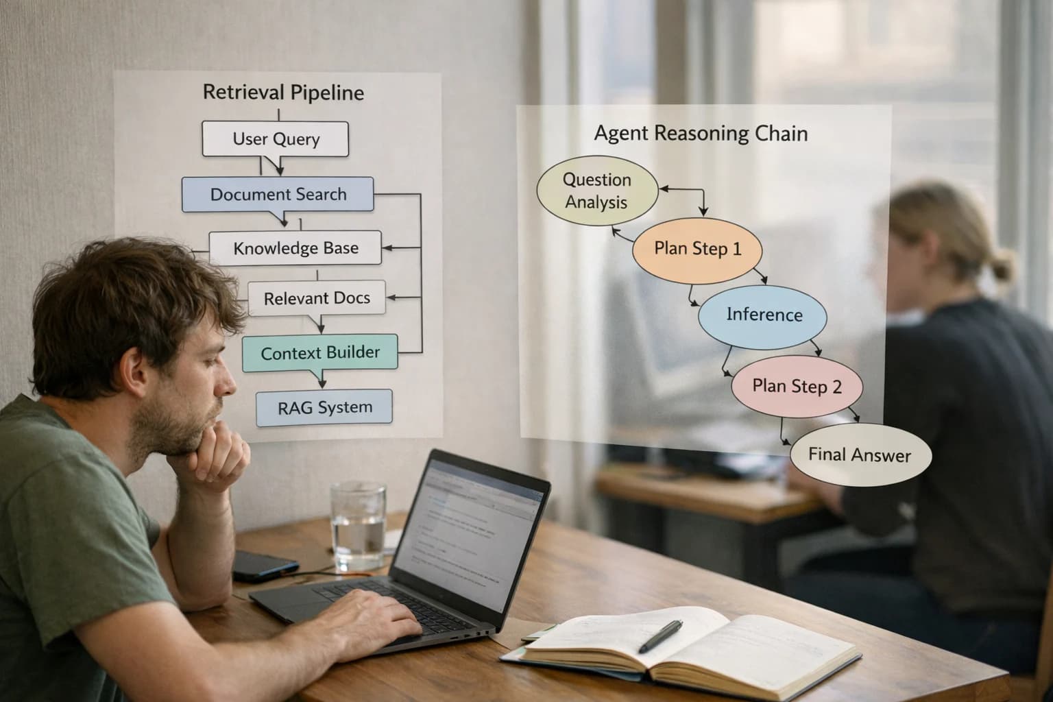 Developer building agentic RAG system, retrieval pipeline diagram on laptop, technical workspace with notes.