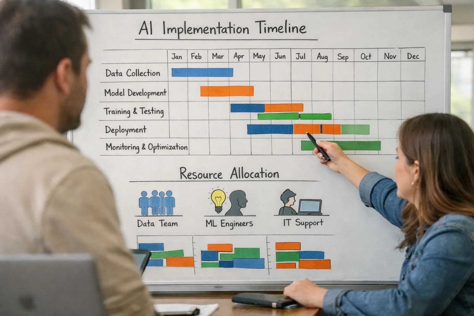 Project manager reviewing AI implementation timeline on laptop, Gantt chart visible, casual office planning session.