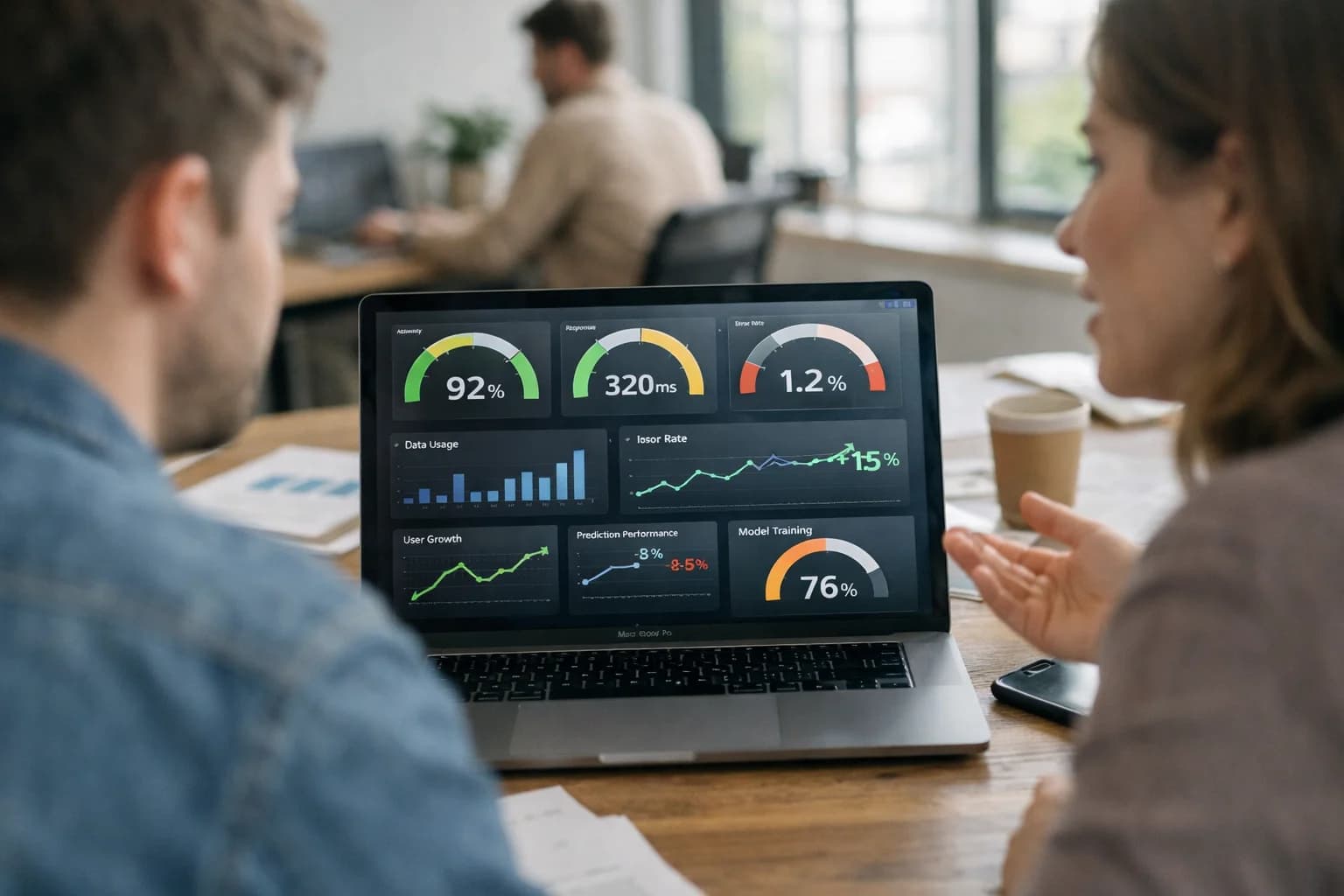 Analytics team reviewing AI metrics dashboard on large monitor, KPIs visible, modern data-driven office setup.