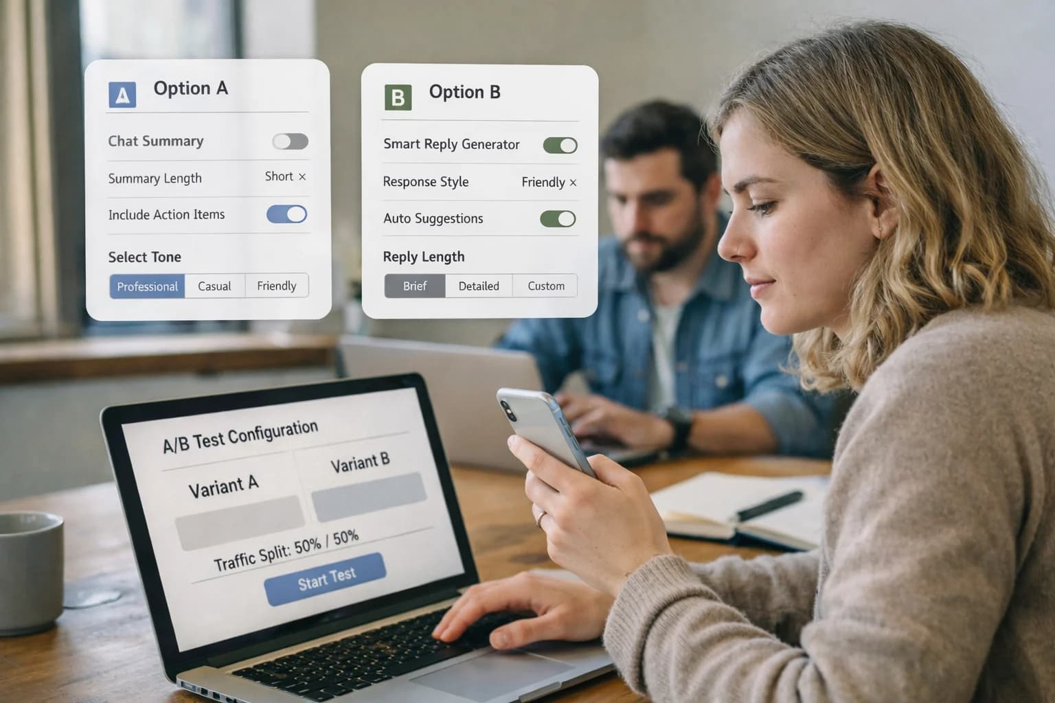 Product team prototyping AI features on laptops, mockups on screens, collaborative ideation session.