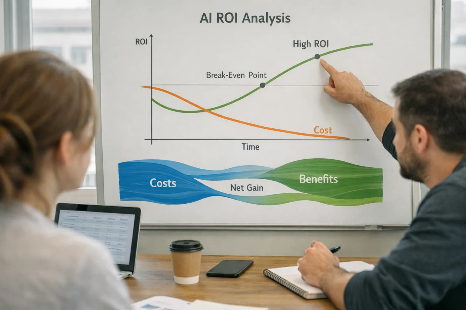 Finance team analyzing AI ROI on laptop, investment return charts visible, business case review session.