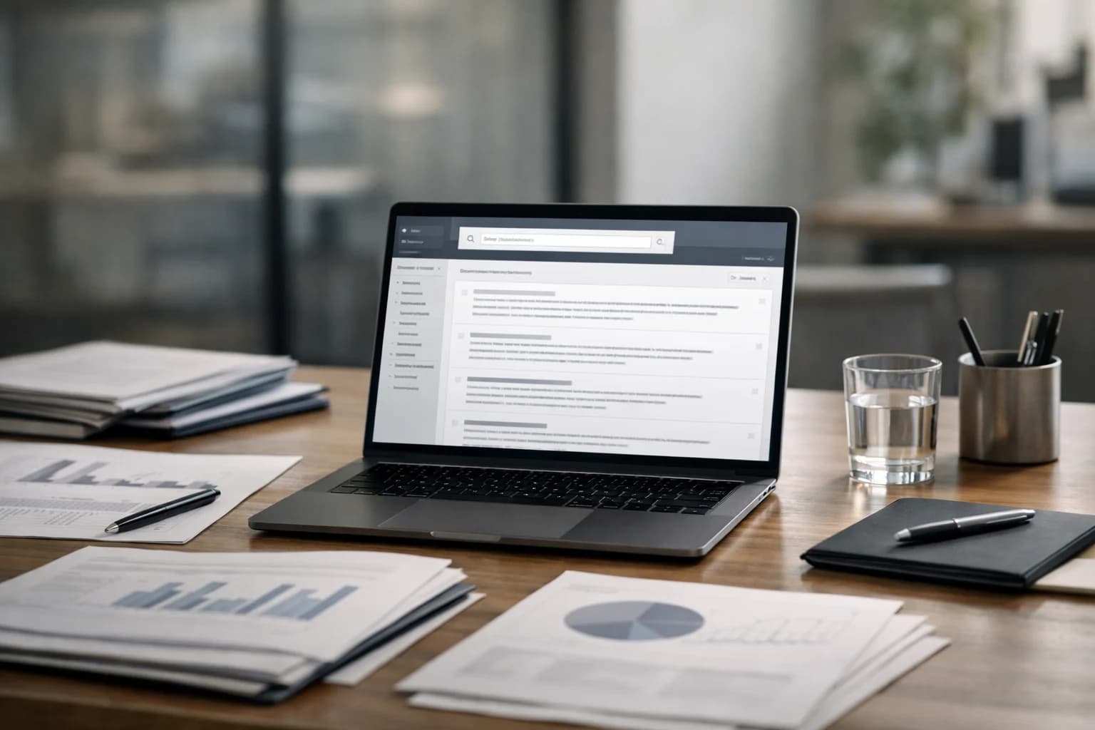 Analyst workspace with documents, metrics printouts, and a search-enabled laptop.