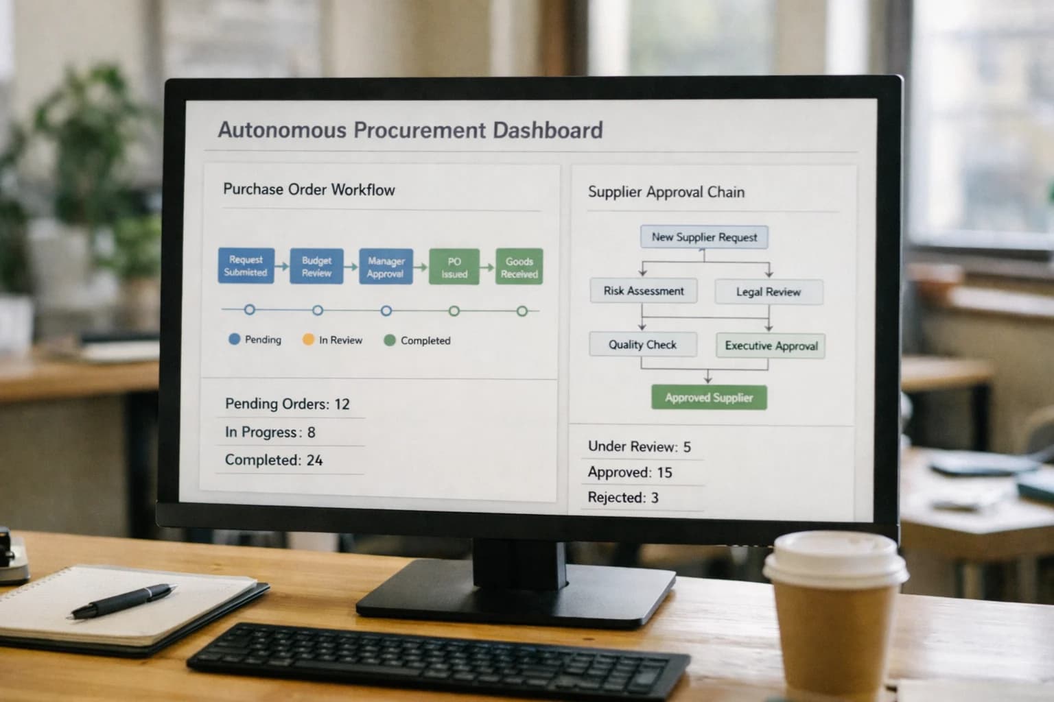Procurement manager reviewing autonomous AI agent dashboard on laptop, purchase orders visible, office afternoon light.