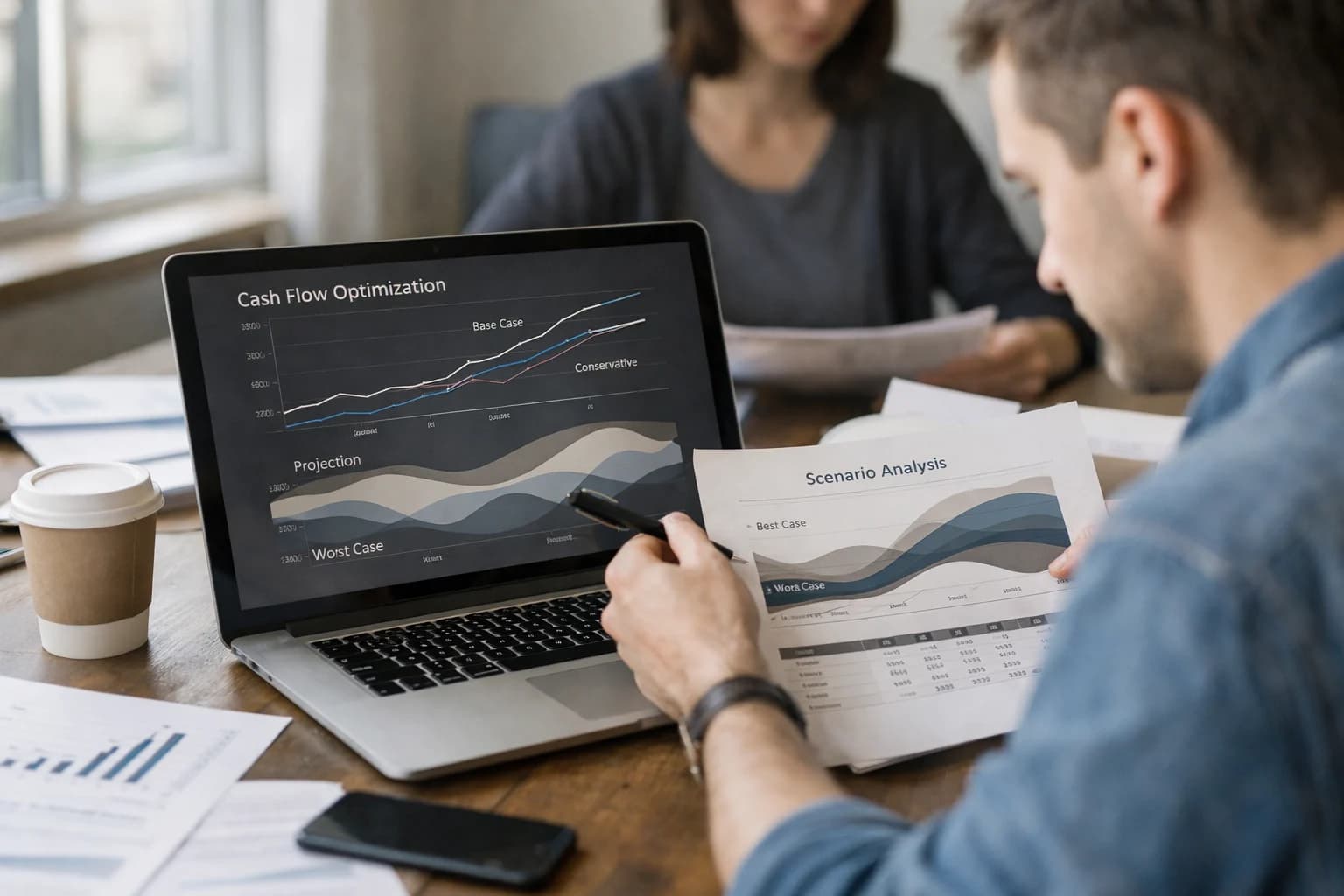 Finance analyst reviewing cash flow AI optimization on laptop, charts and projections visible, home office work session.