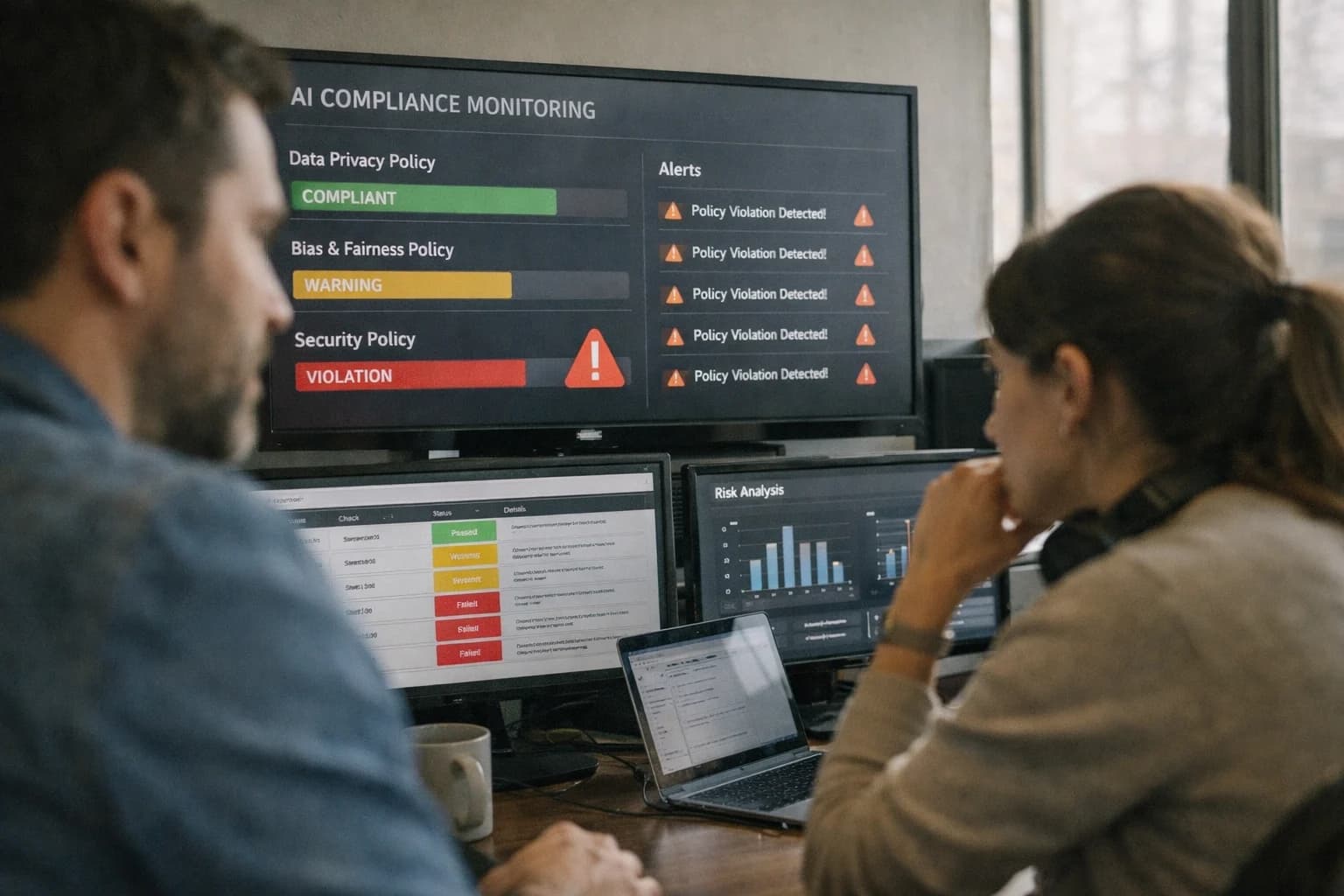 Compliance officer monitoring AI compliance agent on laptop, policy dashboards visible, modern WeWork desk setup.