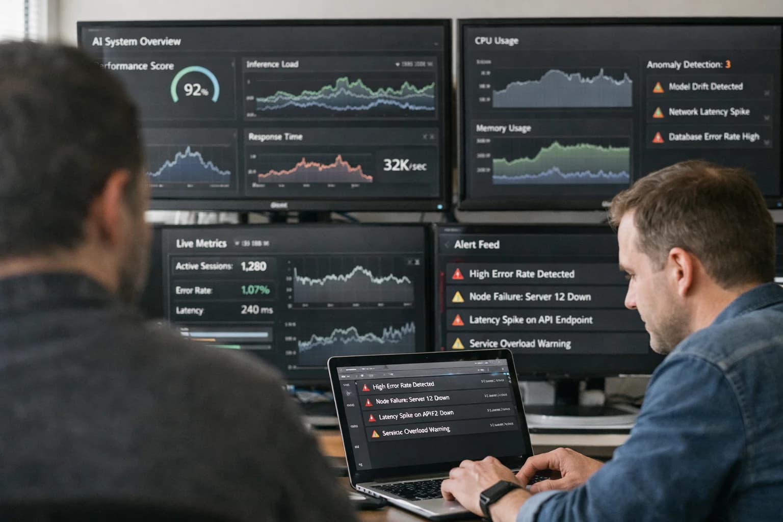 SRE continuously monitoring AI systems on multiple screens, real-time dashboards visible, dark mode NOC setup.