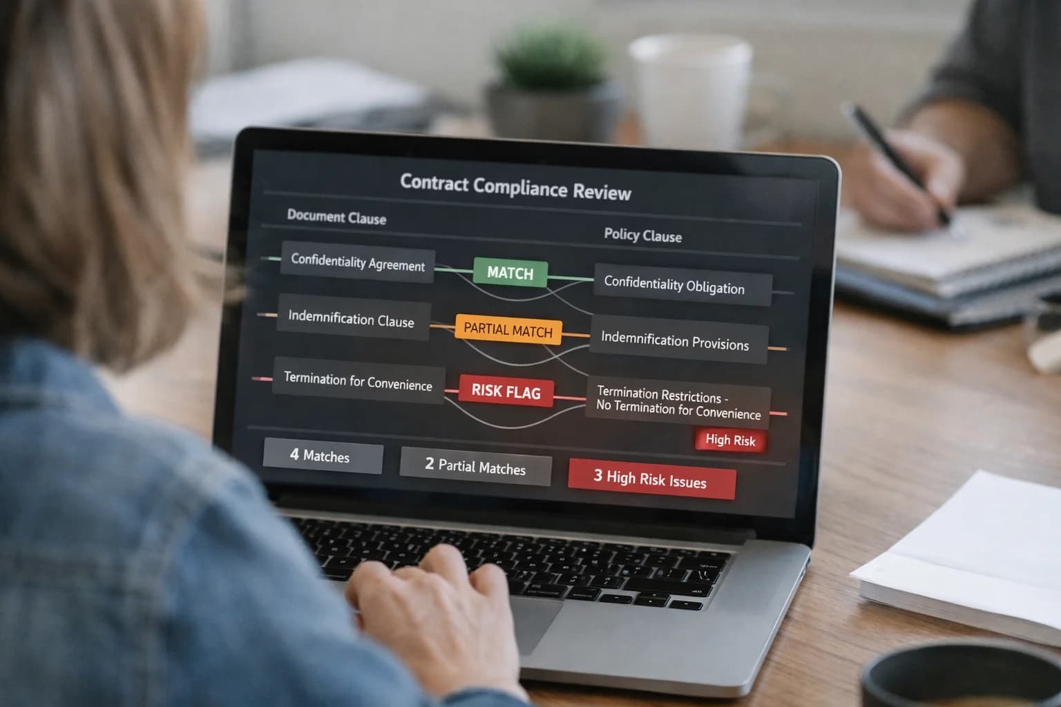 Legal team reviewing AI contract compliance agent on laptop, contract documents visible, modern WeWork meeting room.