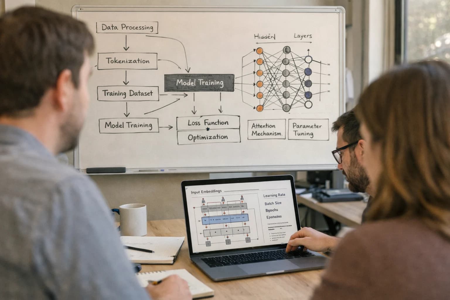 ML engineer developing custom LLM, model architecture diagrams on screens, technical deep work environment.