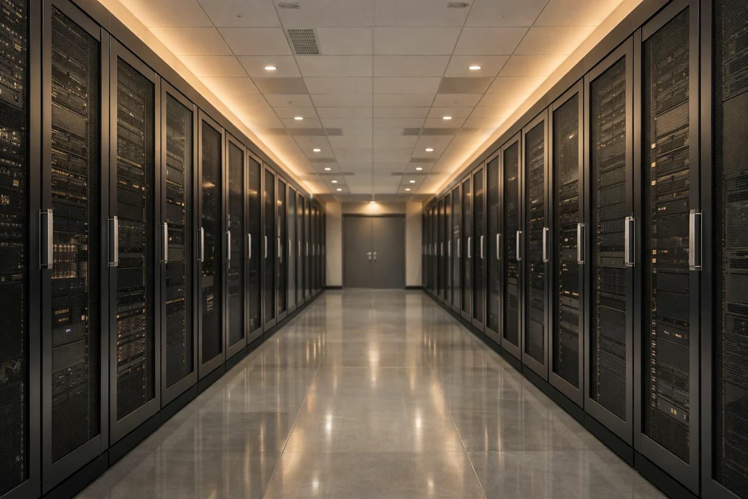 Premium data center corridor with server racks and warm architectural lighting.