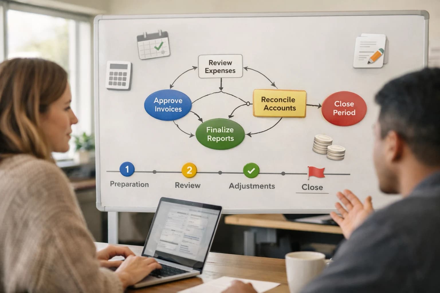 Accountant using AI for financial close automation, accounting software on screen, home office evening work session.