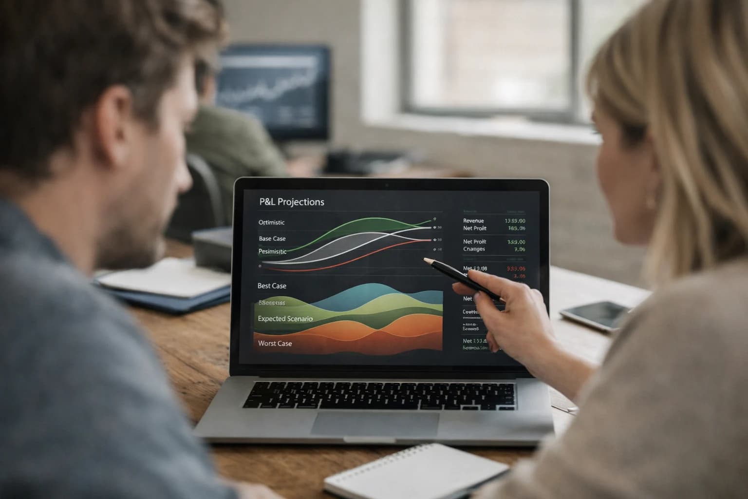 FP&A analyst using AI forecasting agent on laptop, P&L projections on screen, casual office analytics setup.