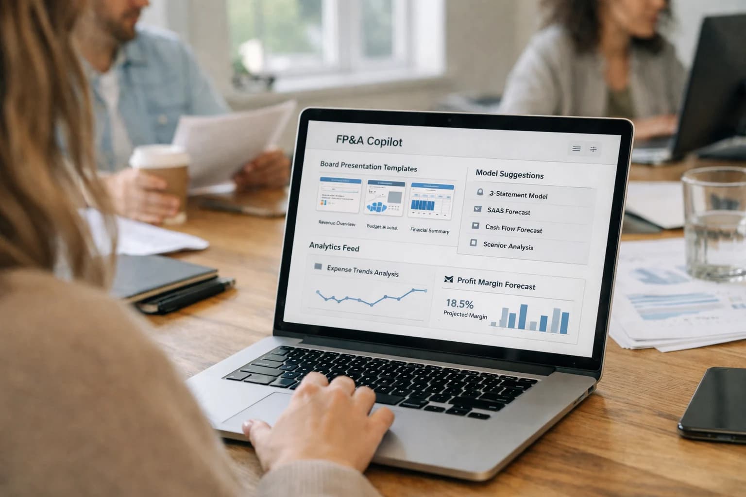 Finance professional using AI FP&A copilot on laptop, board presentation visible on screen, home office work session.