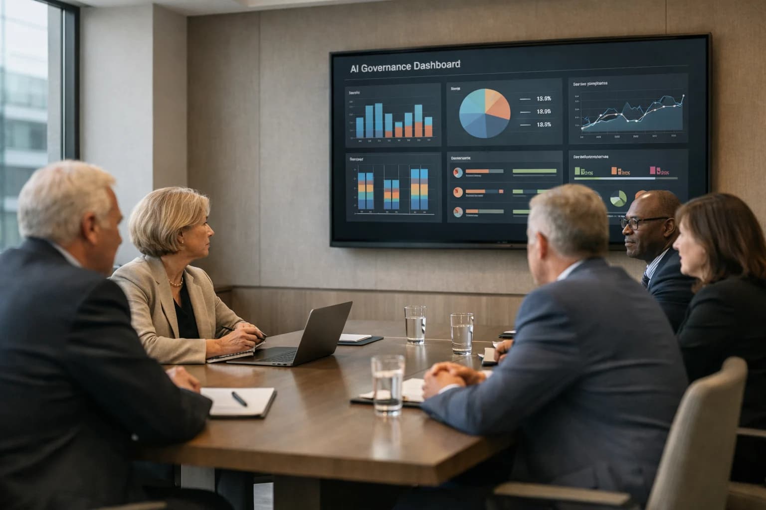Leaders reviewing an AI governance and compliance dashboard in a conference room.